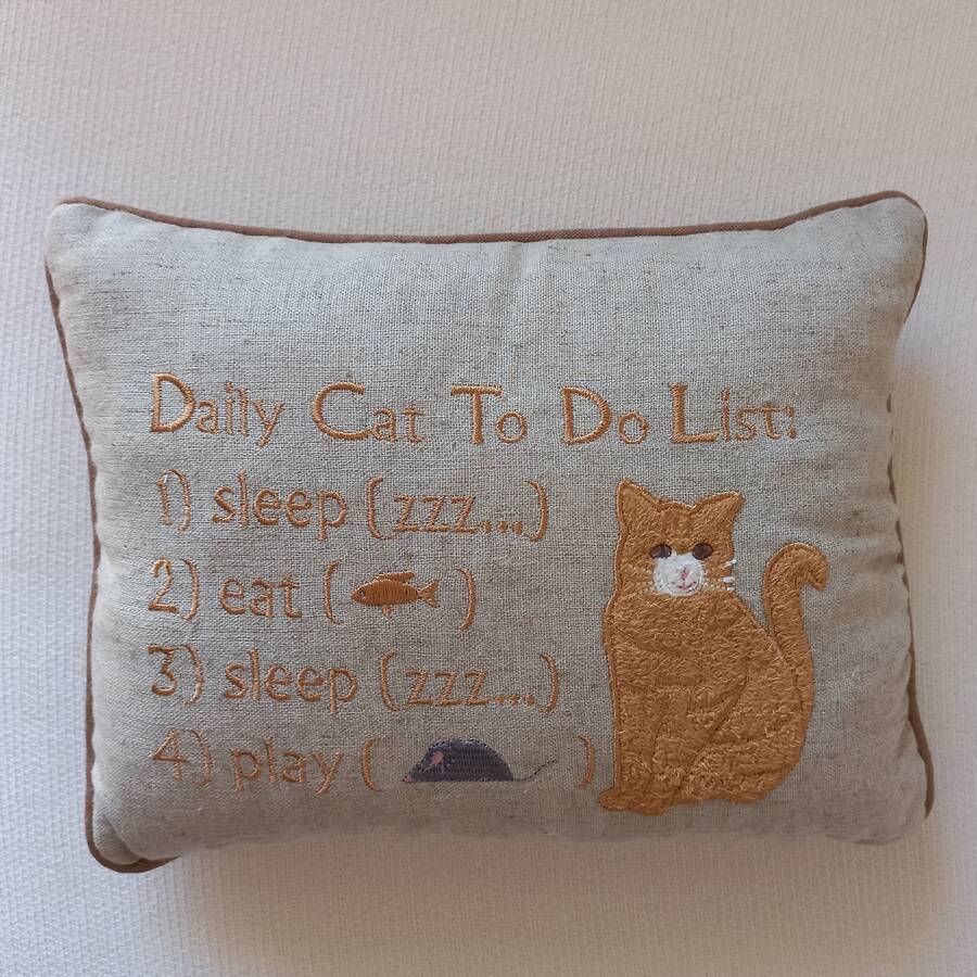 Objets de Bibi - Fiorirà un giardino - cuscino ricamato Daily Cat To Do List imbottito senza cerniera misure 16*22